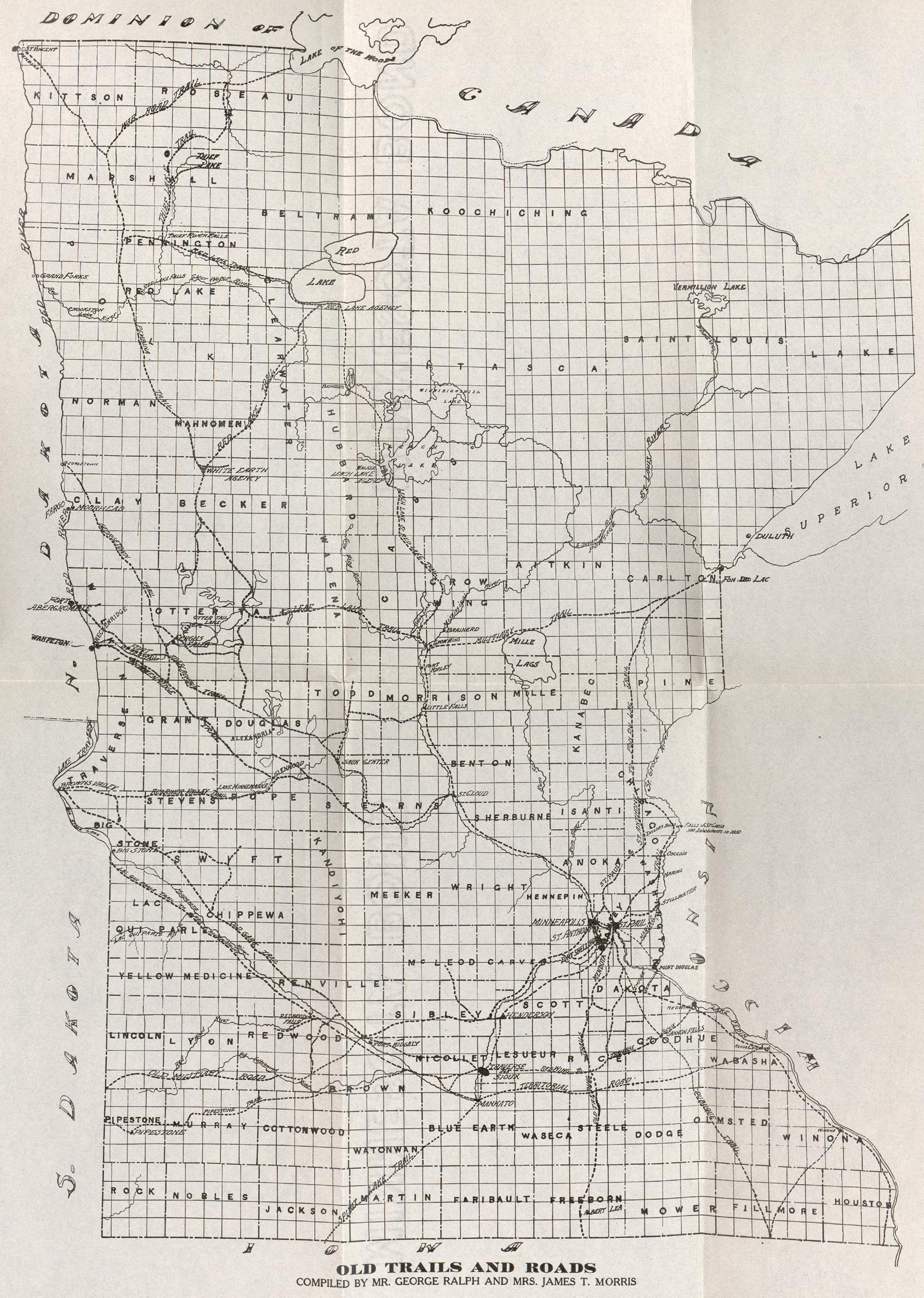 Mapa de los Viejos Senderos y Caminos, Minnesota, Estados Unidos 1914