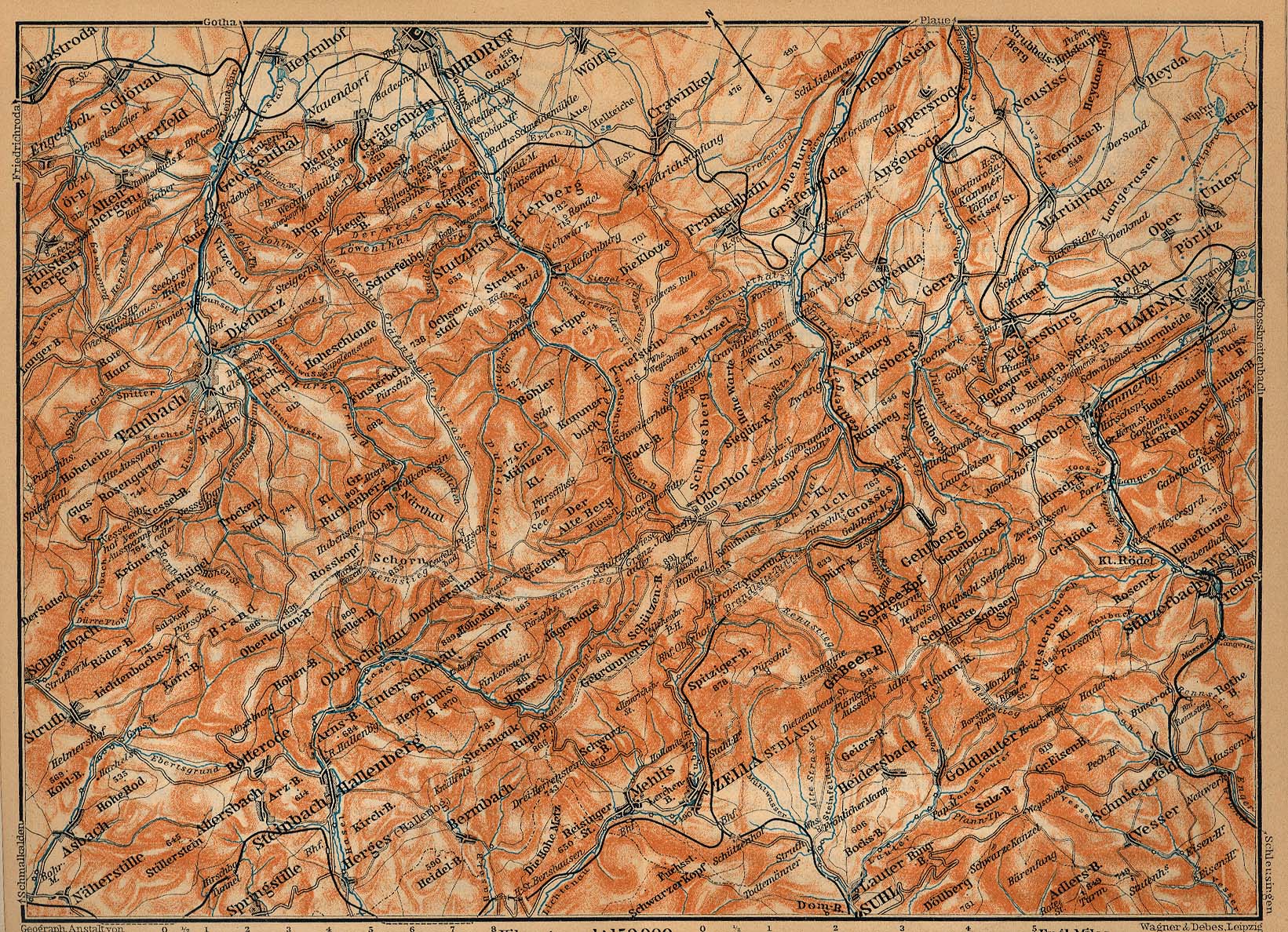 Mapa del Bosque de Thüringen, Parte Oriental, Alemania 1910