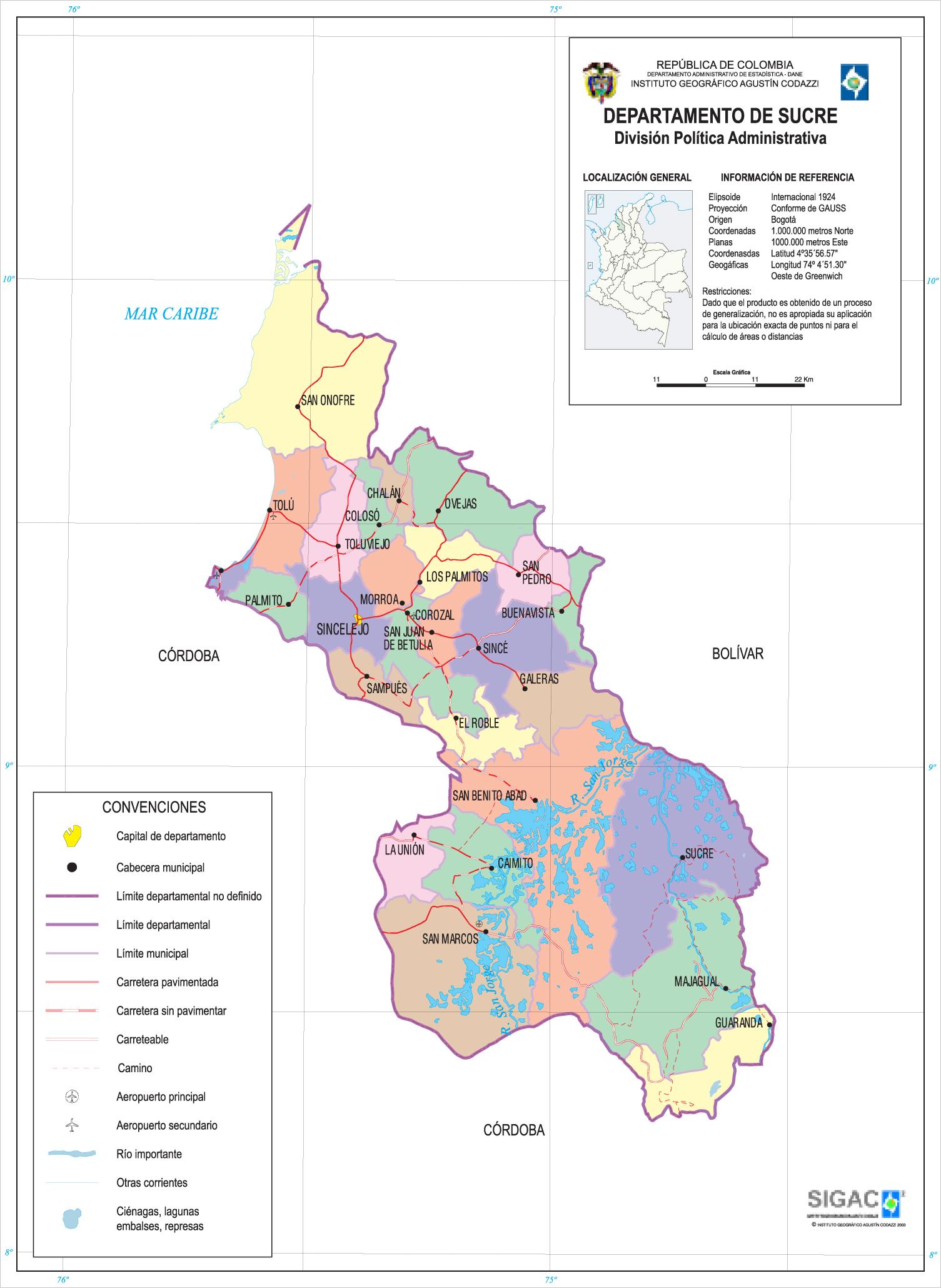Mapa del Departamento de Sucre, Colombia