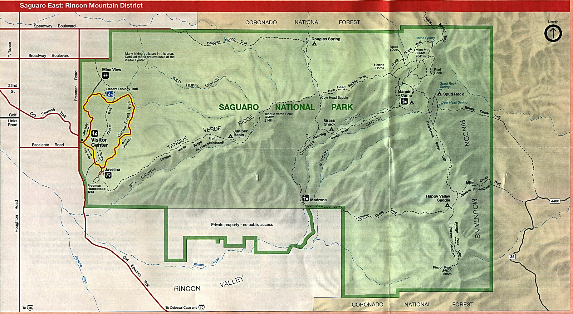 Mapa del Este del Parque Nacional Saguaro, Distrito Rincon Mountain, Arizona, Estados Unidos