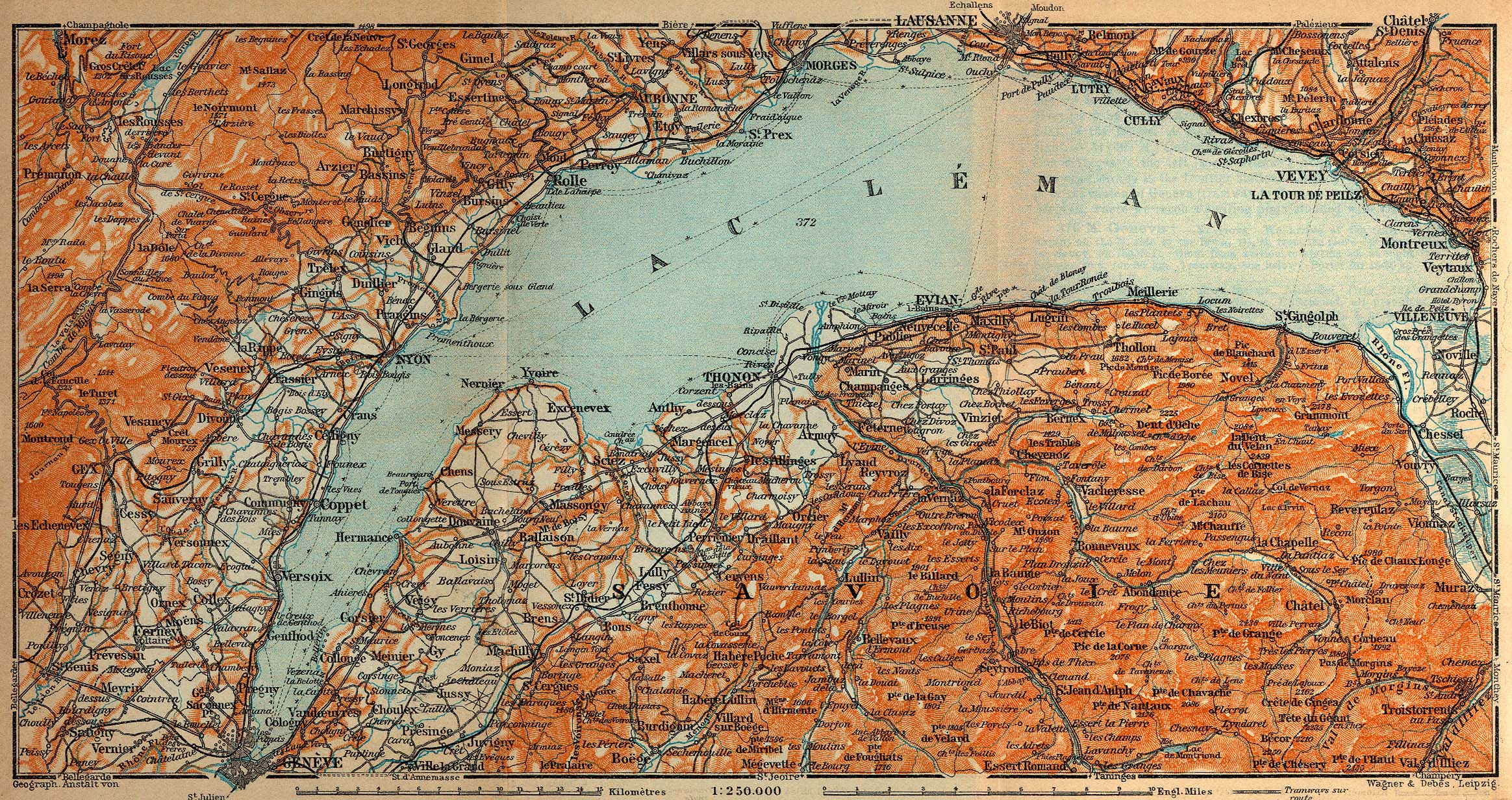Mapa del Lago Lemán, Francia - Suiza 1914