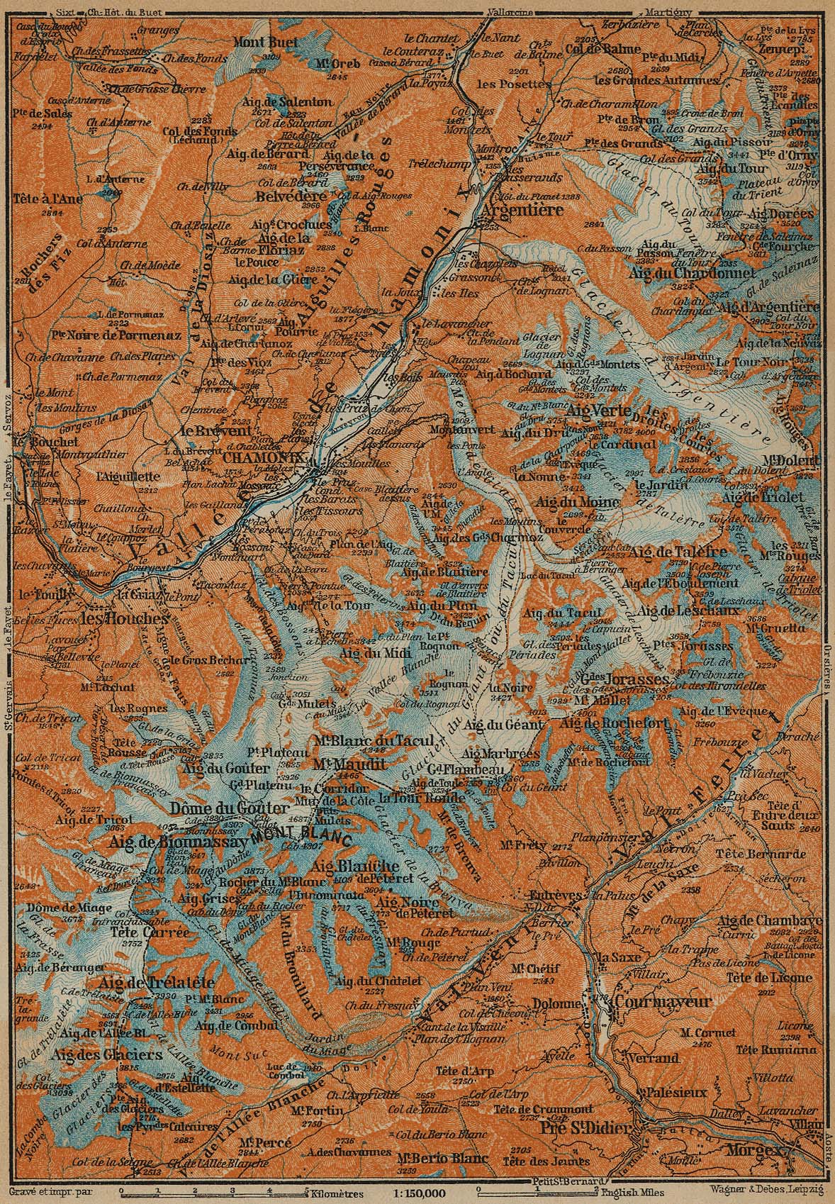 Mapa del Mont-Blanc, Francia - Italia 1914