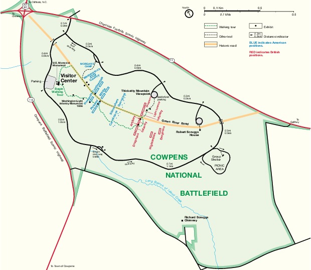 Mapa del Parque Campo de Batalla Nacional Cowpens, Carolina del Sur, Estados Unidos