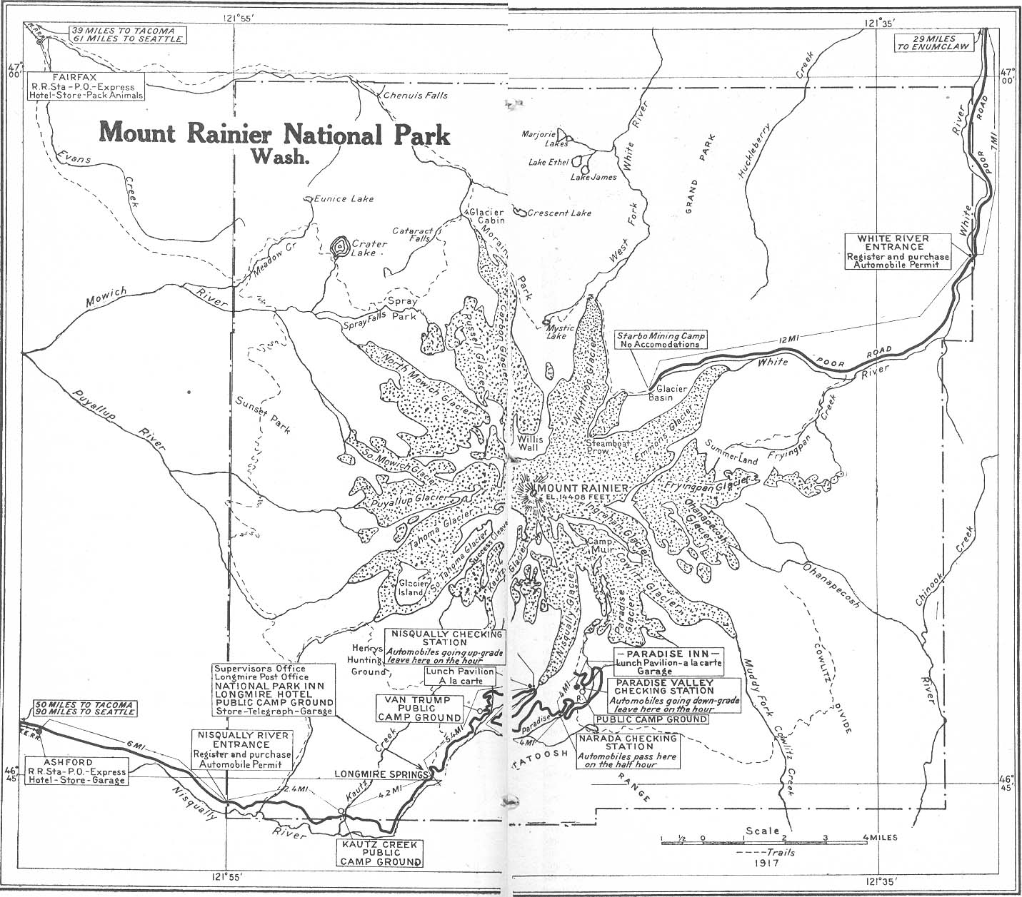 Mapa del Parque Histórico Nacional de Mount Rainier, Washington, Estados Unidos 1917