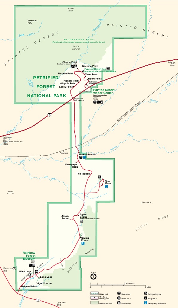 Mapa del Parque Nacional Bosque Petrificado, Arizona, Estados Unidos