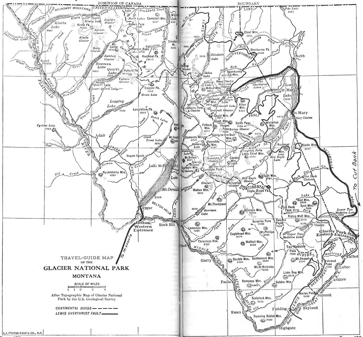 Mapa del Parque Nacional Glacier, Montana, Estados Unidos 1917