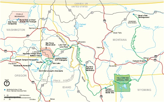 Mapa del Parque Nacional Histórico Nez Perce, Idaho, Oregón, Washington, Montana, Estados Unidos