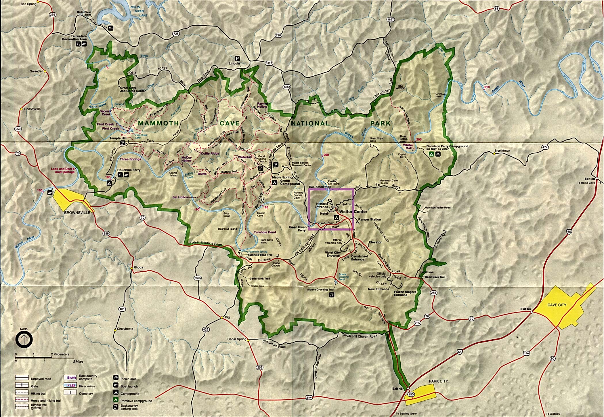 Mapa del Parque Nacional Mammoth Cave, Kentucky, Estados Unidos