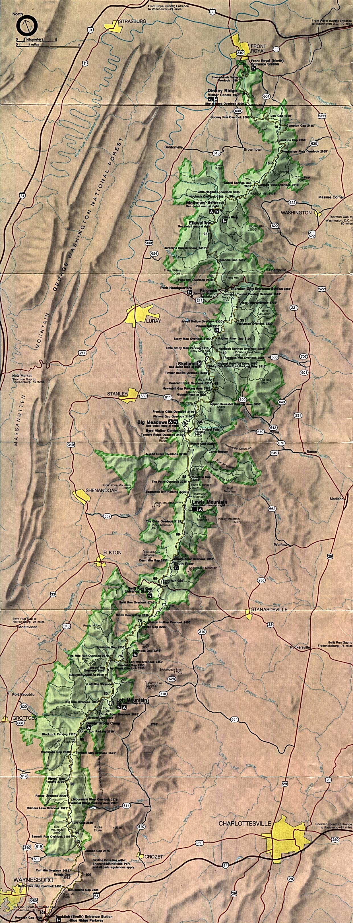 Mapa del Parque Nacional Shenandoah, Virginia, Estados Unidos