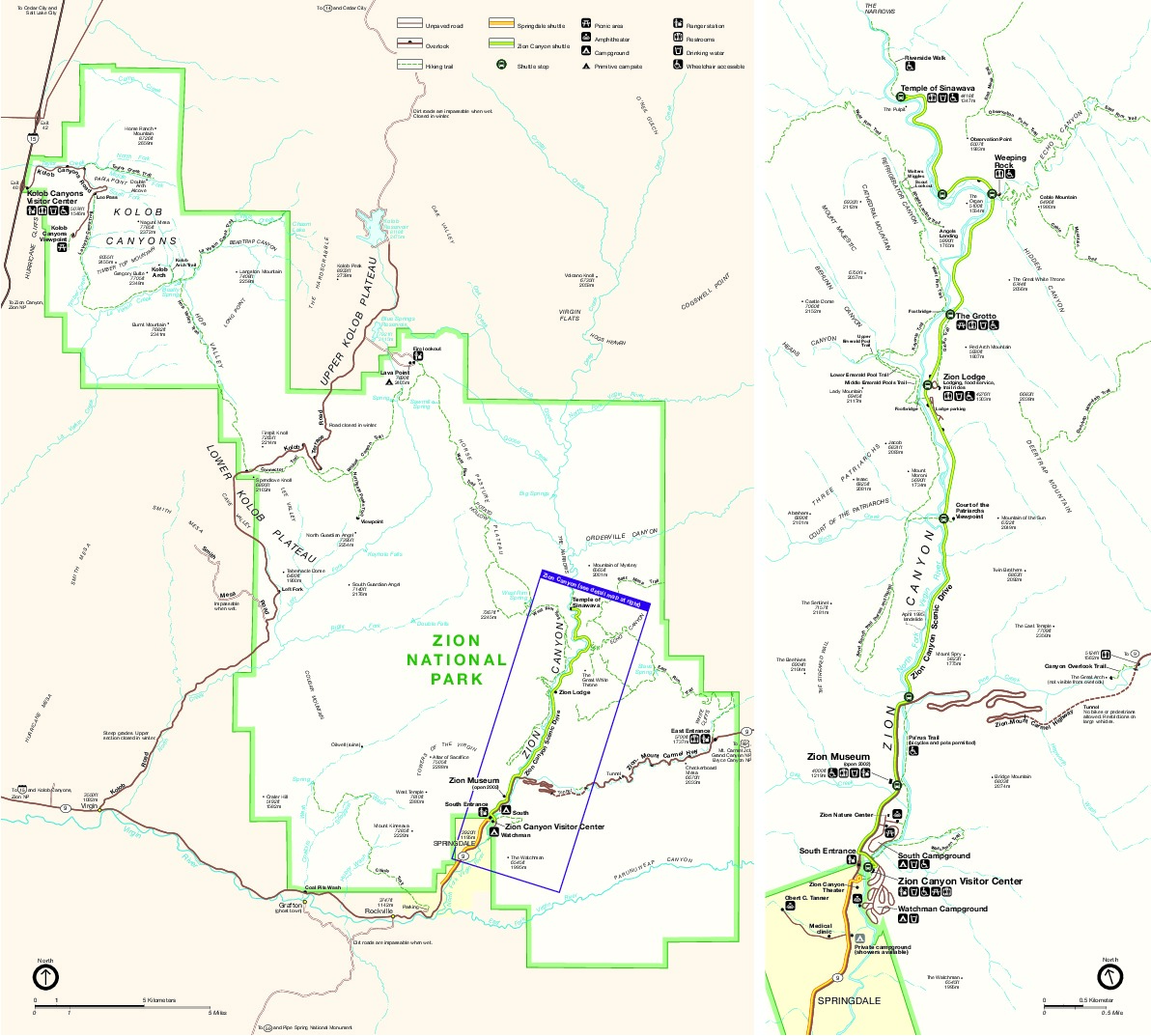 Mapa del Parque Nacional Zion, Utah, Estados Unidos