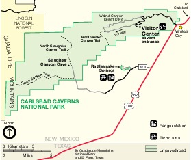 Mapa del Parque Nacional las Cavernas de Carlsbad, Nuevo México, Estados Unidos