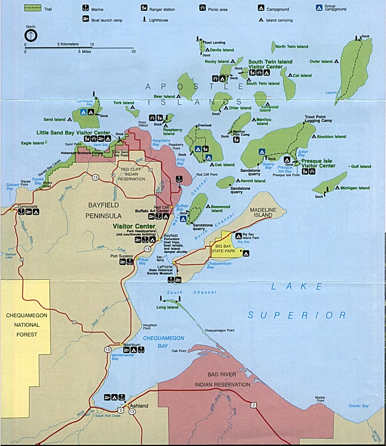 Mapa del Parque Nacional las Islas Apóstol, Wisconsin, Estados Unidos