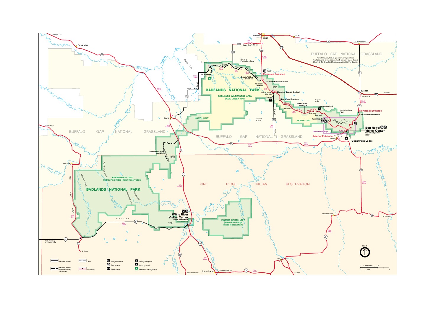 Mapa del Parque Nacional los Badlands, Dakota del Sur, Estados Unidos