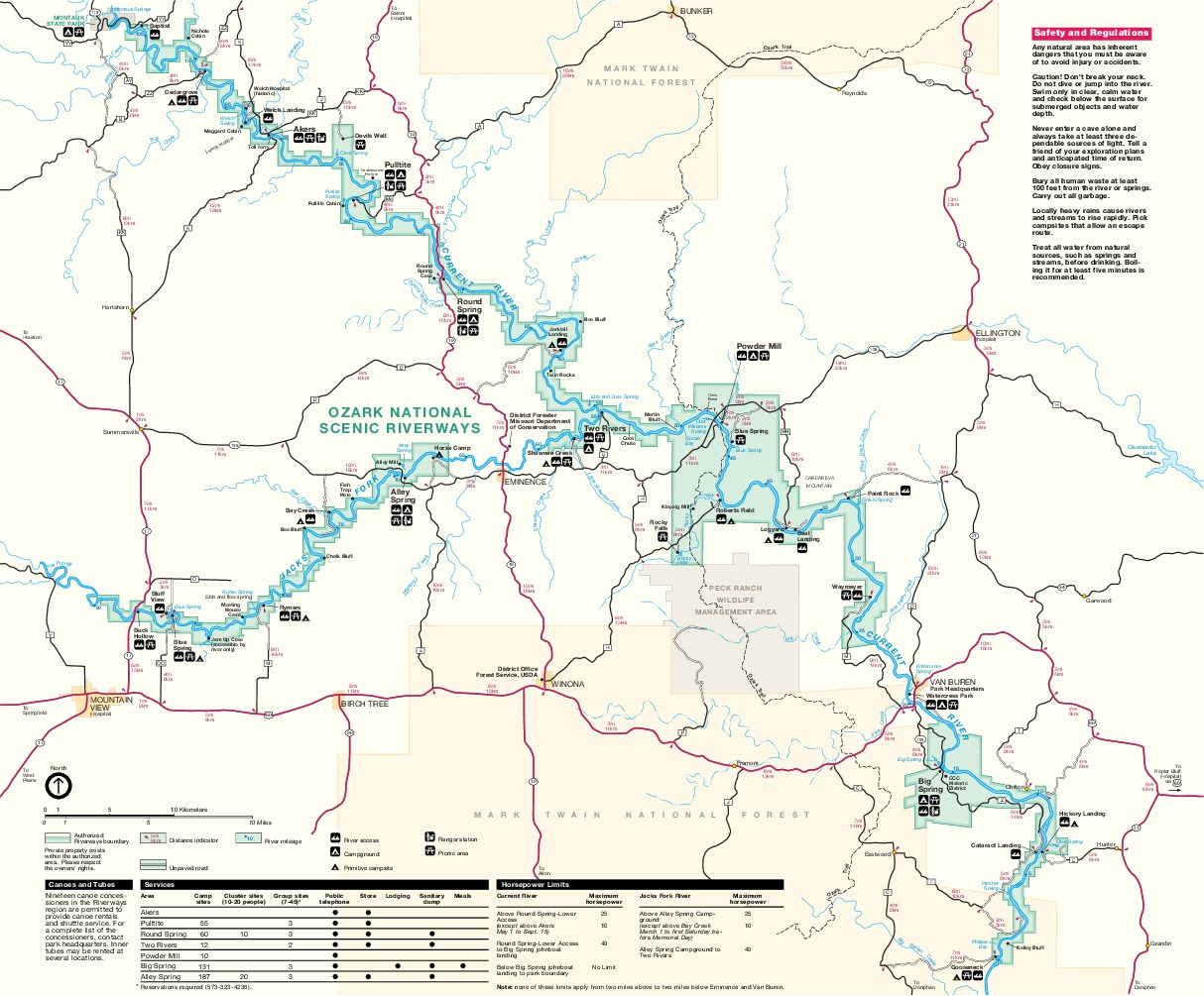 Mapa del Parque Río Escénico Nacional Ozark, Missouri, Estados Unidos