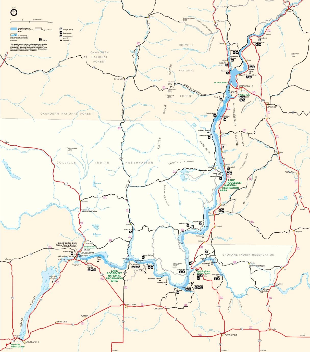 Mapa del Parque Área Nacional de Recreación Lago Roosevelt, Washington, Estados Unidos