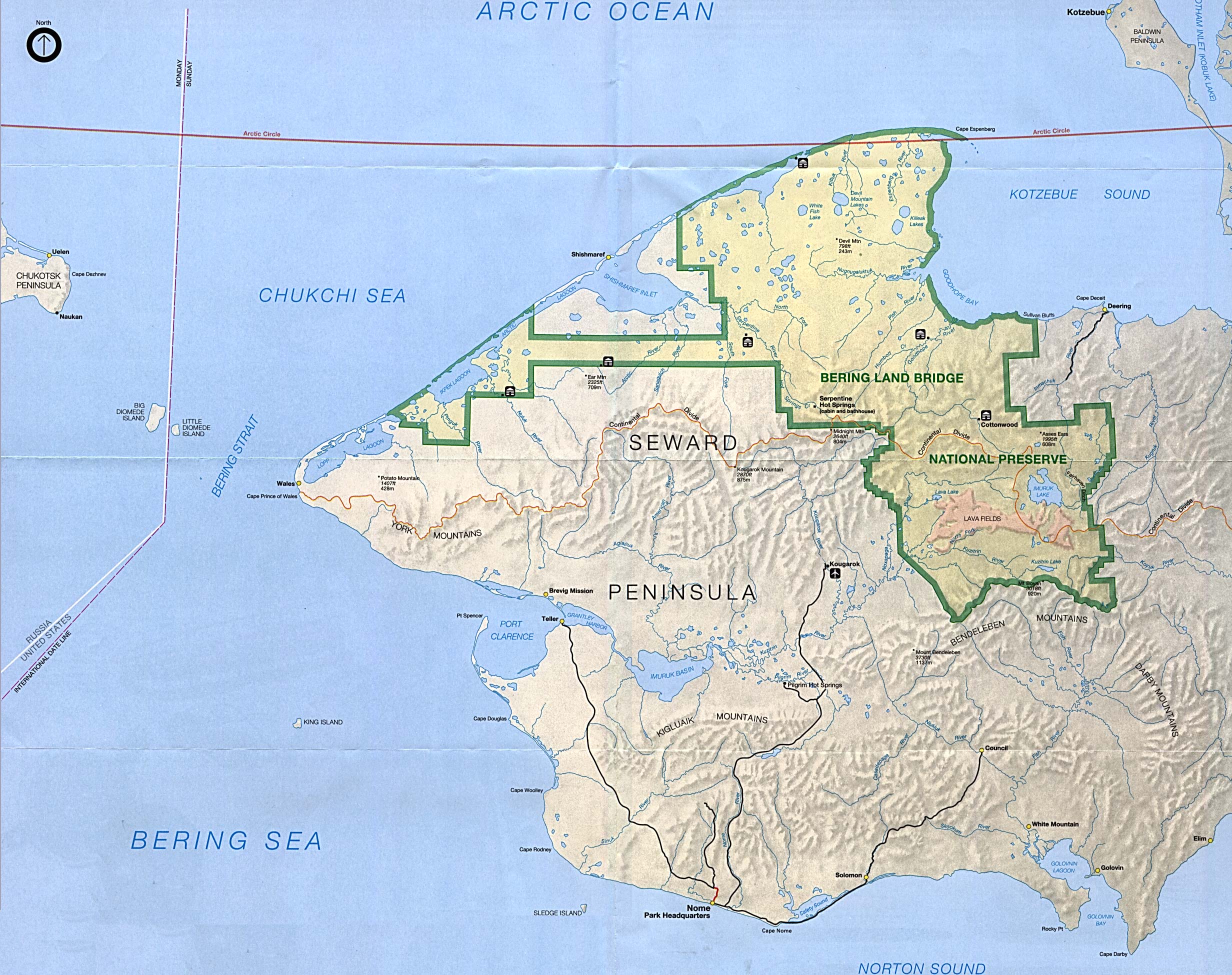 Mapa del Parque de la Reserva Natural Nacional del Puente de Beringia, Alaska, Estados Unidos