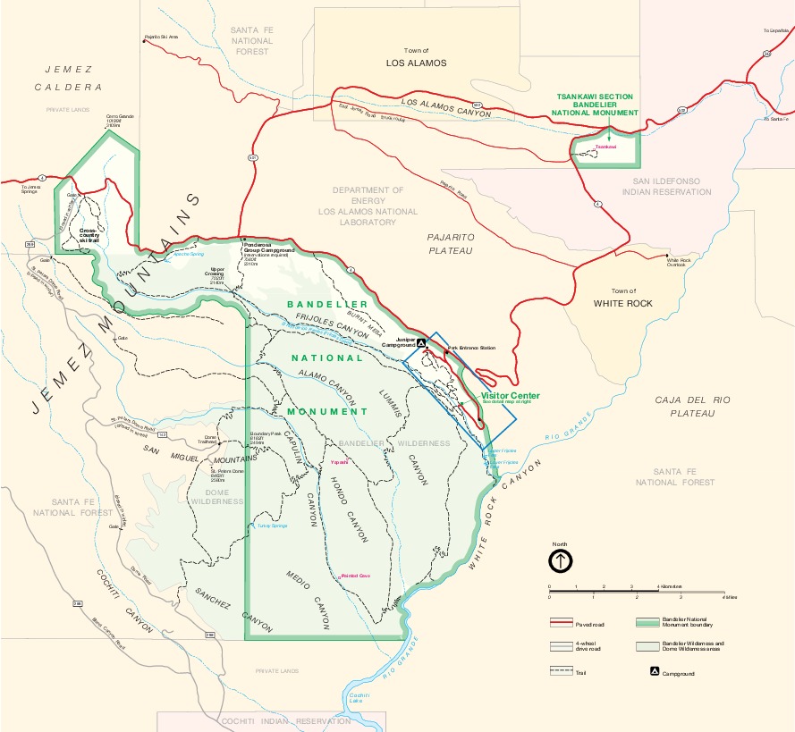 Mapa del Parque del Monumento Nacional Bandelier, Nuevo México, Estados Unidos
