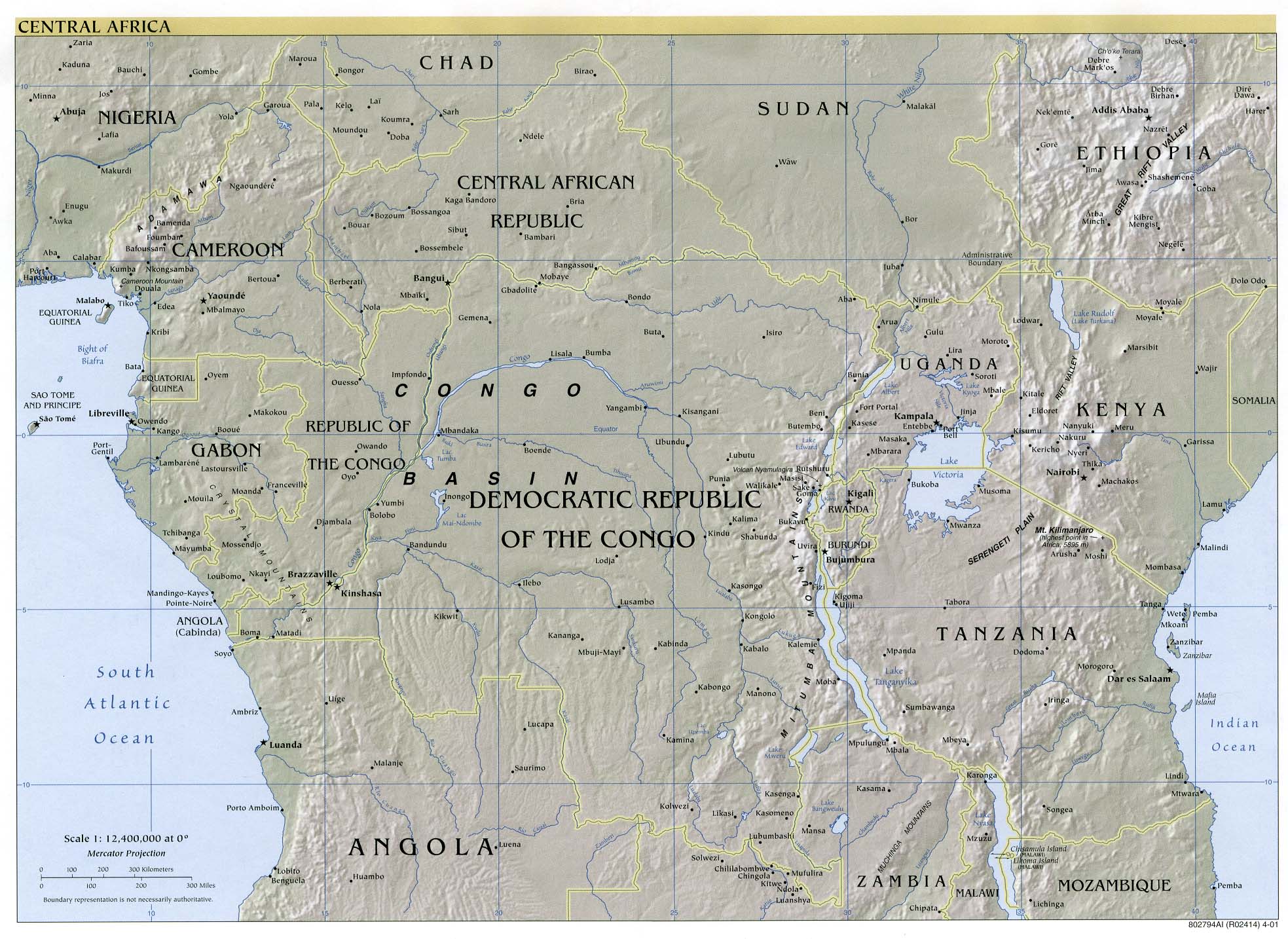 Mapa físico de África Central 2001