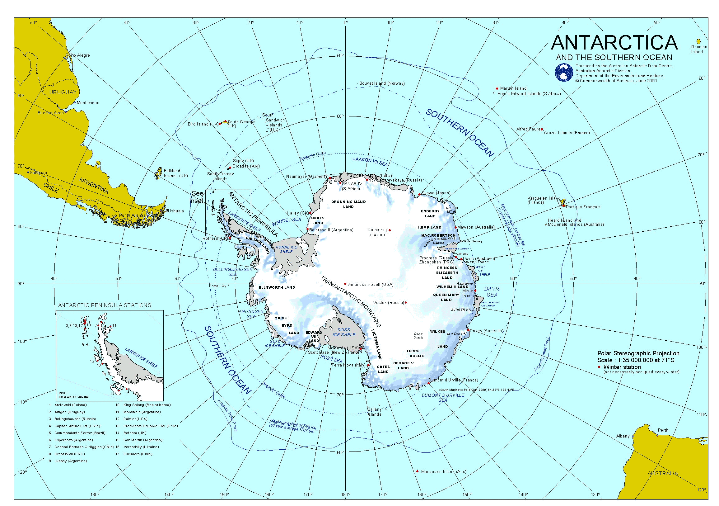 Mapa físico de la Antártida 2000