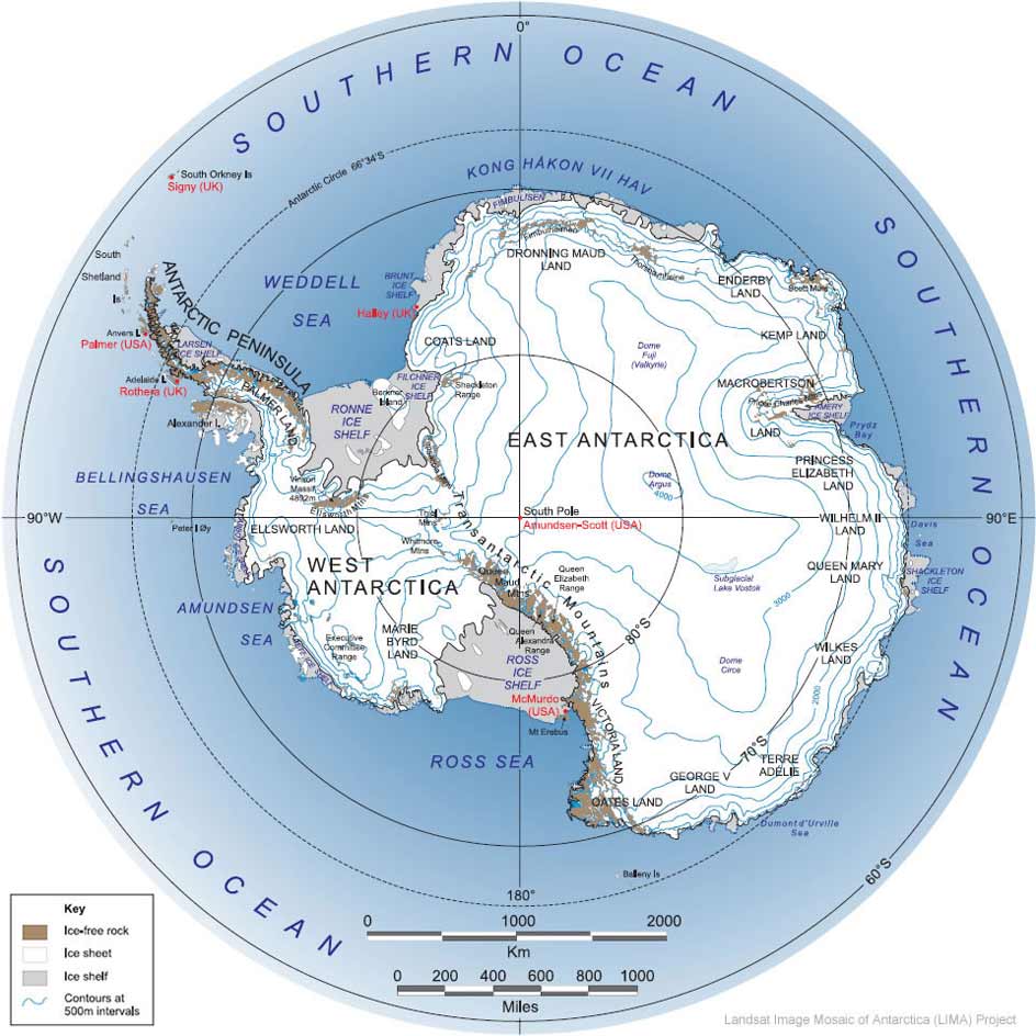 Mapa físico de la Antártida