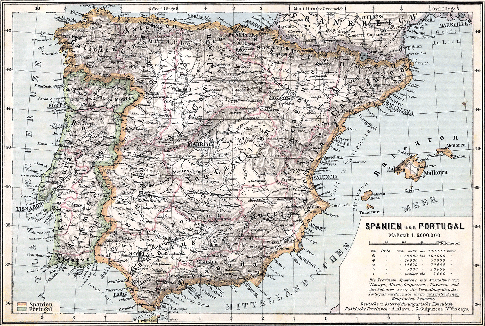 Mapa histórico de España y Portugal 1905