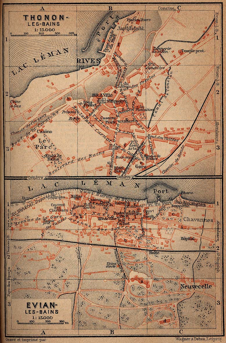 Mapas de Evian-les-Bains y Thonon-les-Bains, Francia 1914