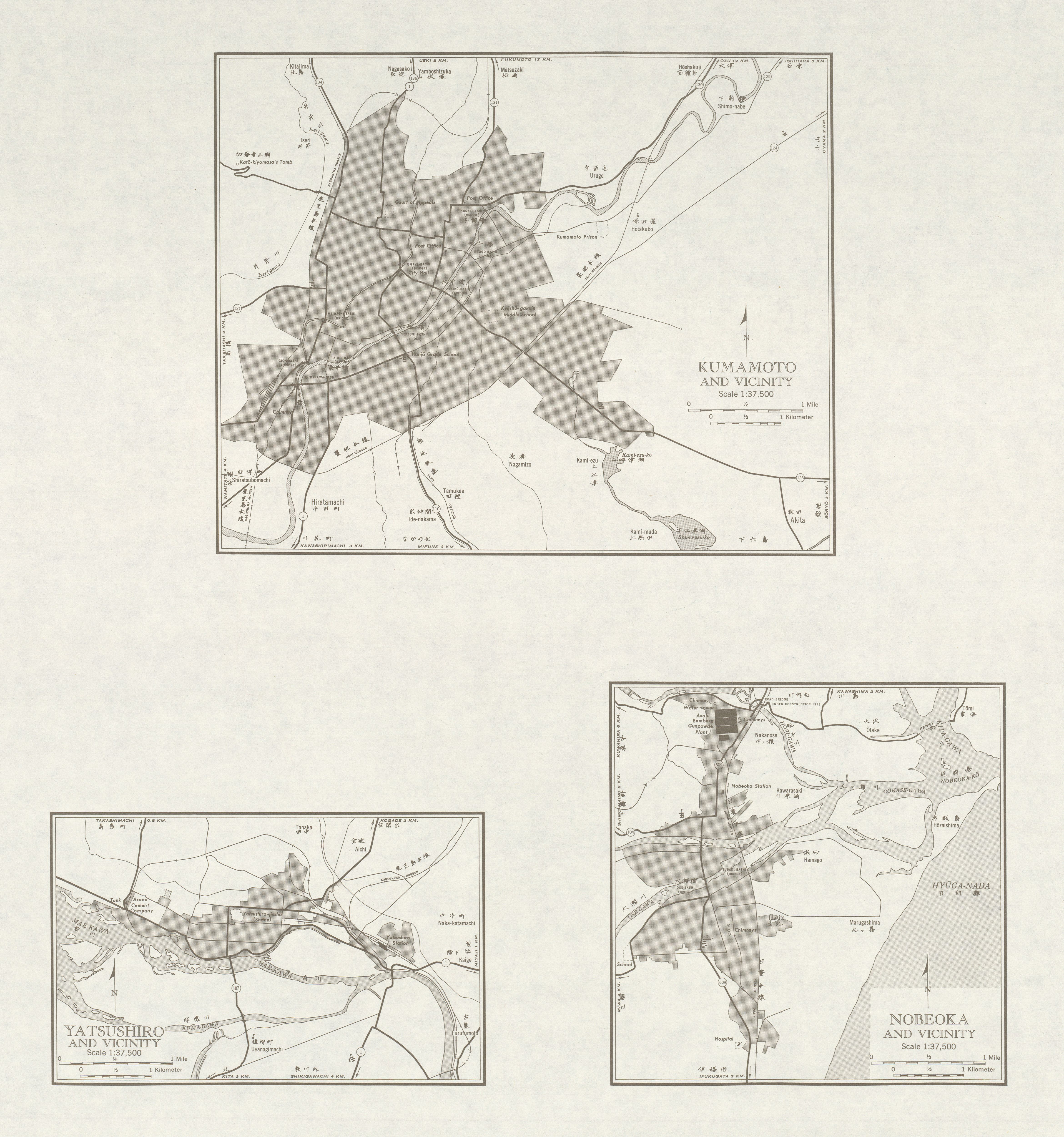 Mapas de Kumamoto, Yatsushiro, Nobeoka y sus Cercanias, Japón 1954