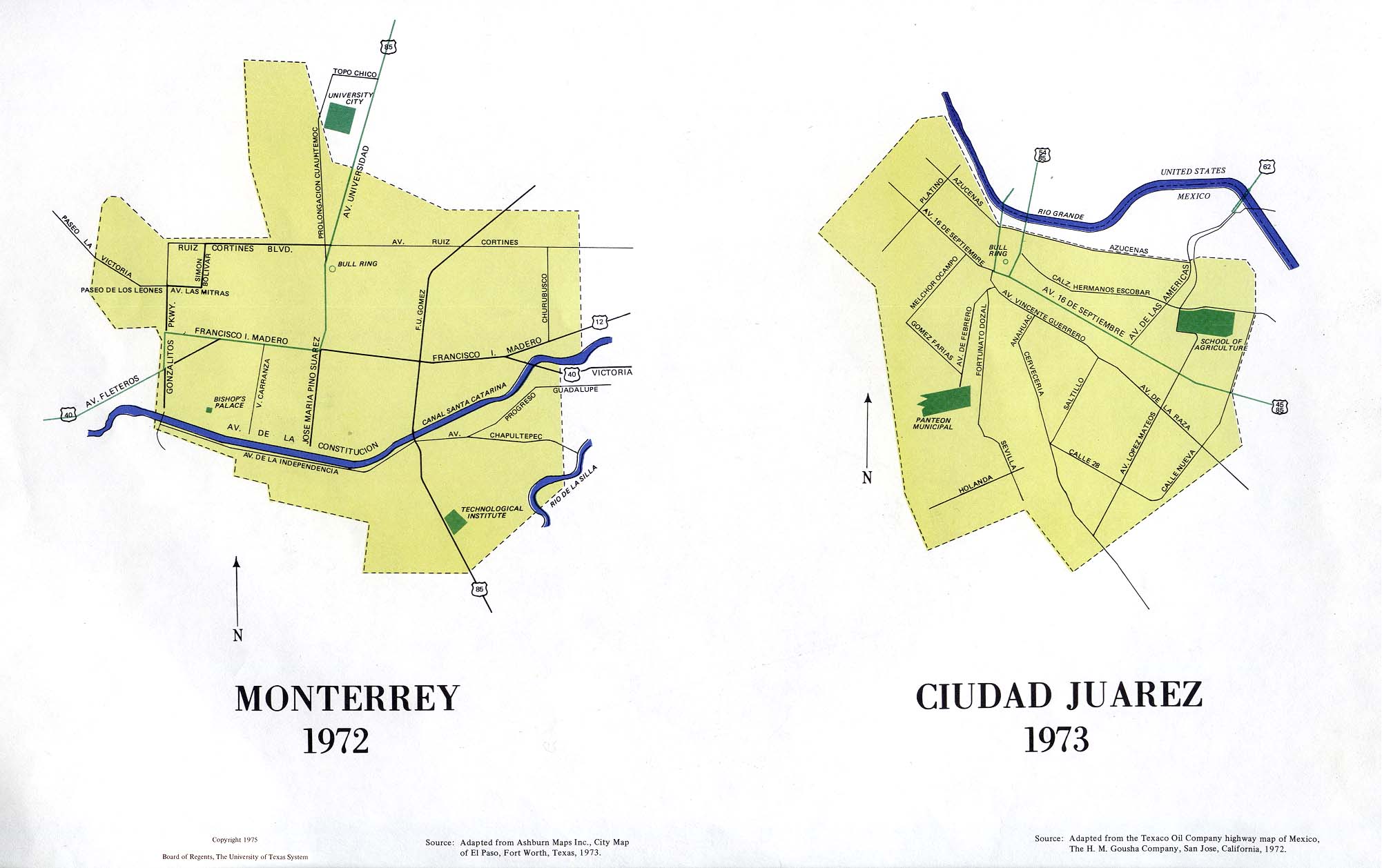 Mapas de Monterrey y Ciudad Juarez, México 1972 - 1973