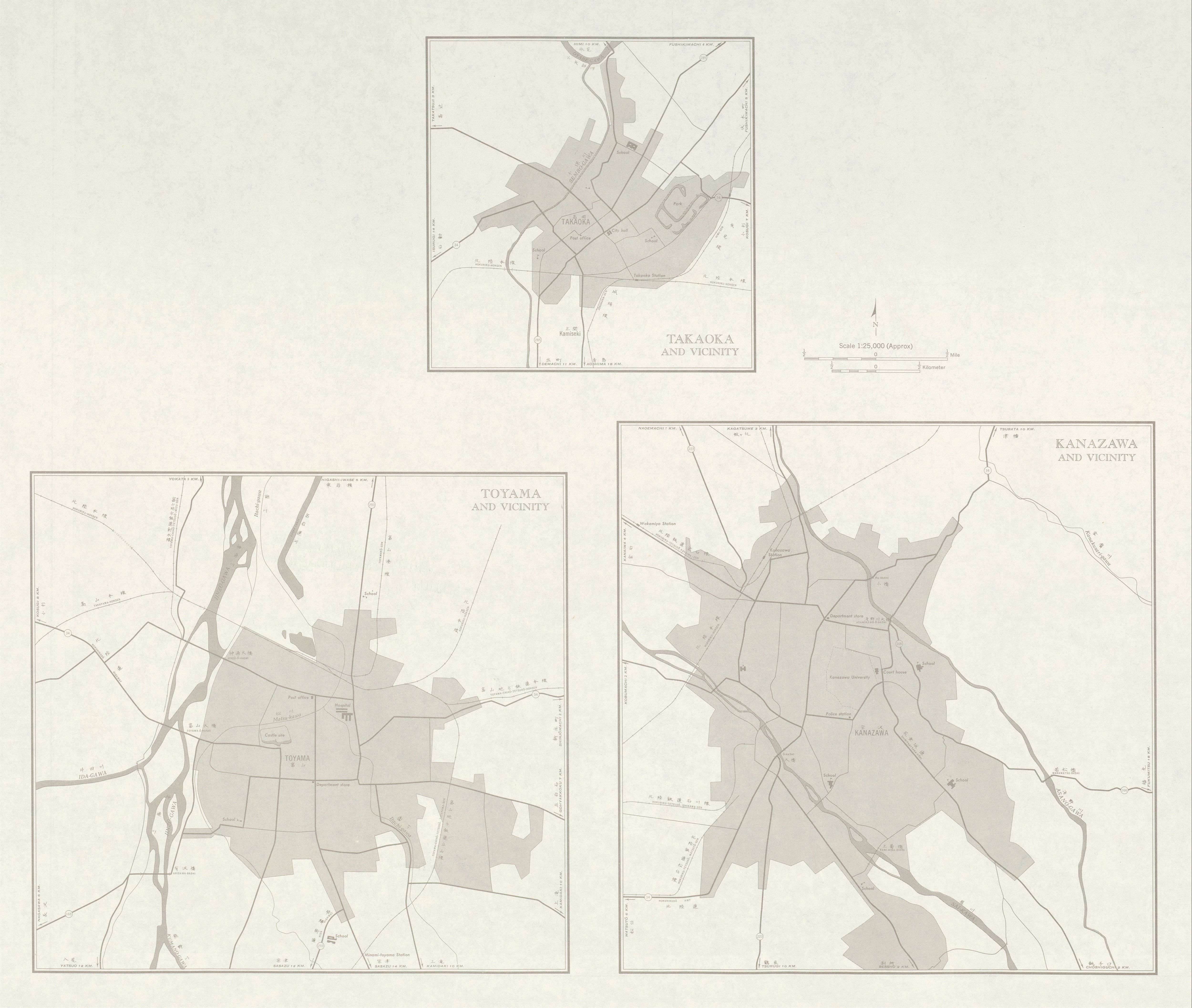 Mapas de Takaoka, Toyama, Kanazawa y sus Cercanias, Japón 1954