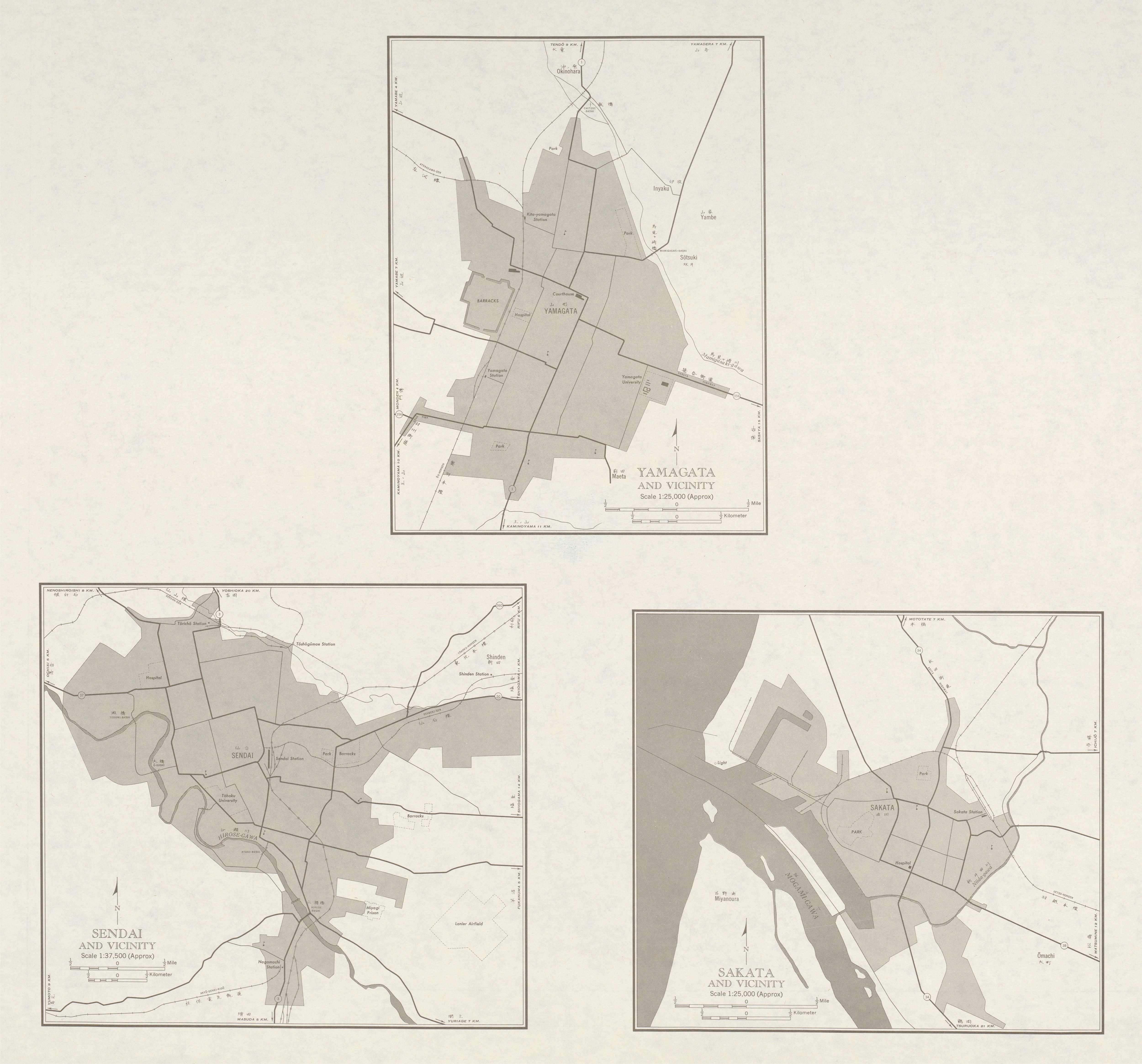 Mapas de Yamagata, Sendai, Sakata y sus Cercanias, Japón 1954
