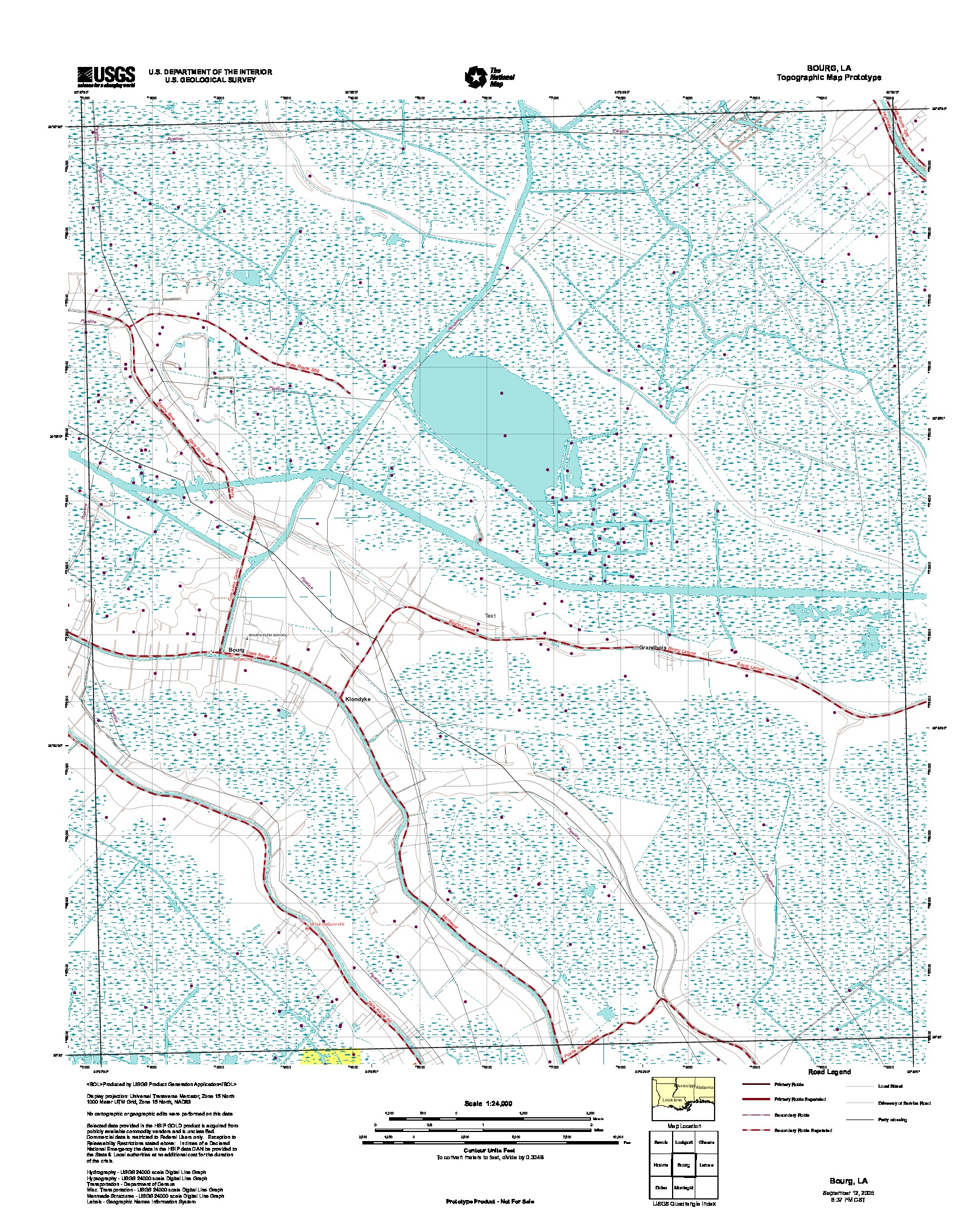 Prototipo de Mapa Topográfico de Bourg, Luisiana, Estados Unidos, Septiembre 12, 2005