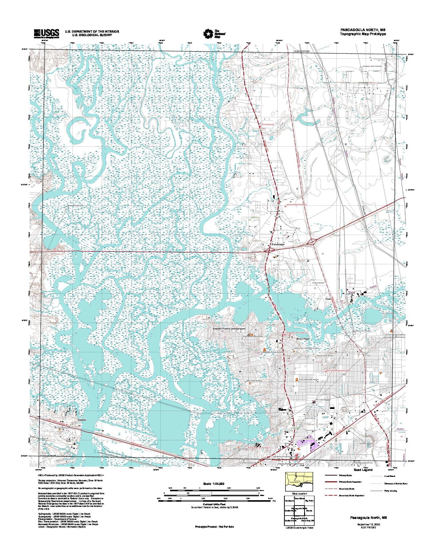 Prototipo de Mapa Topográfico de Pascagoula North, Misisipi, Estados Unidos, Septiembre 12, 2005