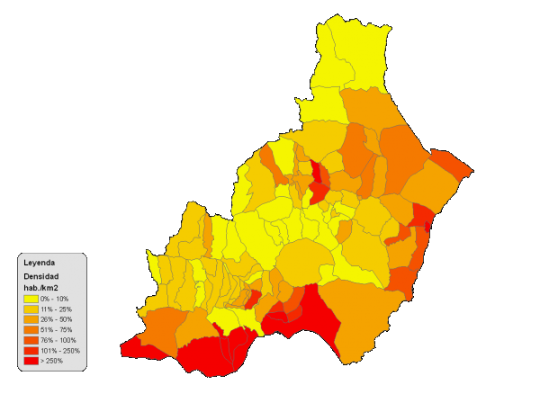 Densidad de población en la provincia de Almería 2008