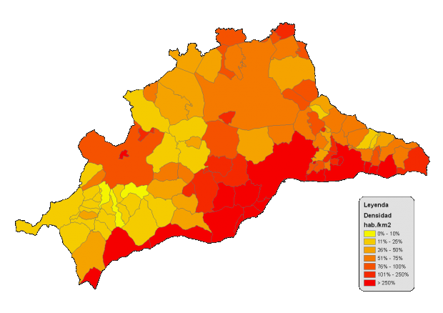 Densidad de población de la provincia de Málaga 2008