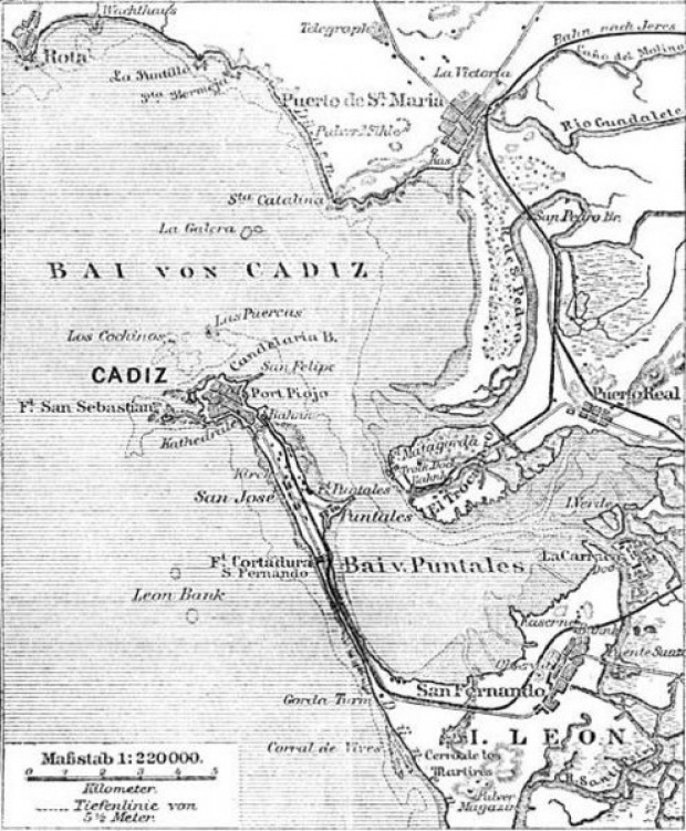 Mapa de la bahía de Cádiz en 1888