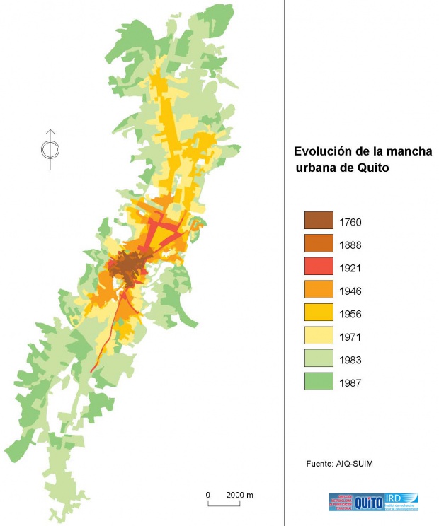 Mapa de La evolución de la mancha urbana de Quito 1760-1987