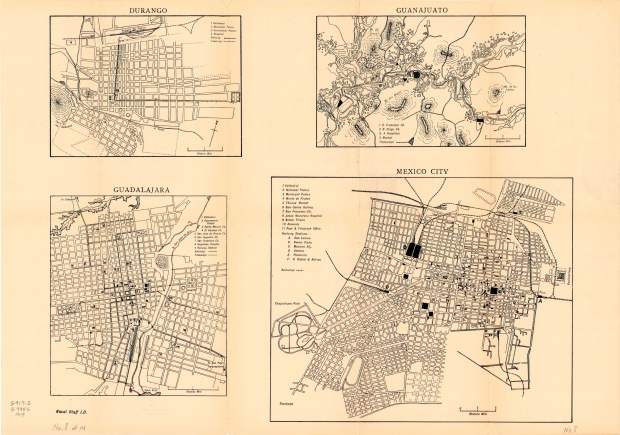 Mapa de Ciudades del Interior: Durango, Guadalajara, Guanajuato, México DF 1919