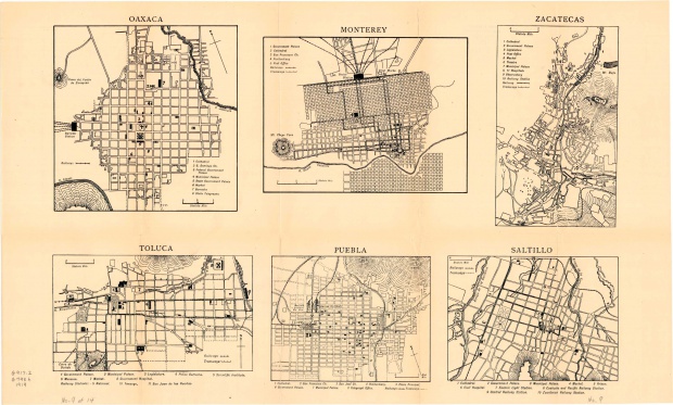 Mapa de Ciudades del Interior: Oaxaca, Monterrey, Puebla, Saltillo, Toluca, Zacatecas 1919