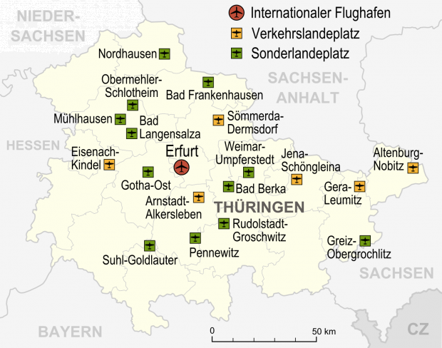 Mapa de Aeropuertos y aeródromos en Turingia Alemania 2007