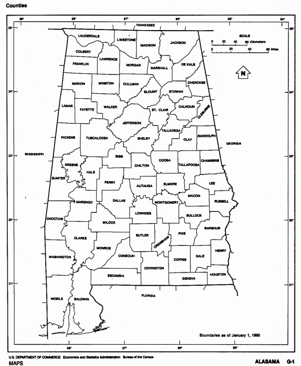 Mapa Blanco y Negro de Alabama, Estados Unidos