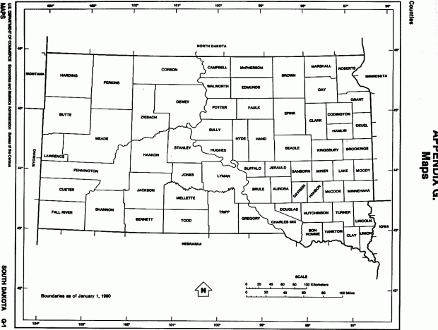 Mapa Blanco y Negro de Dakota del Sur, Estados Unidos