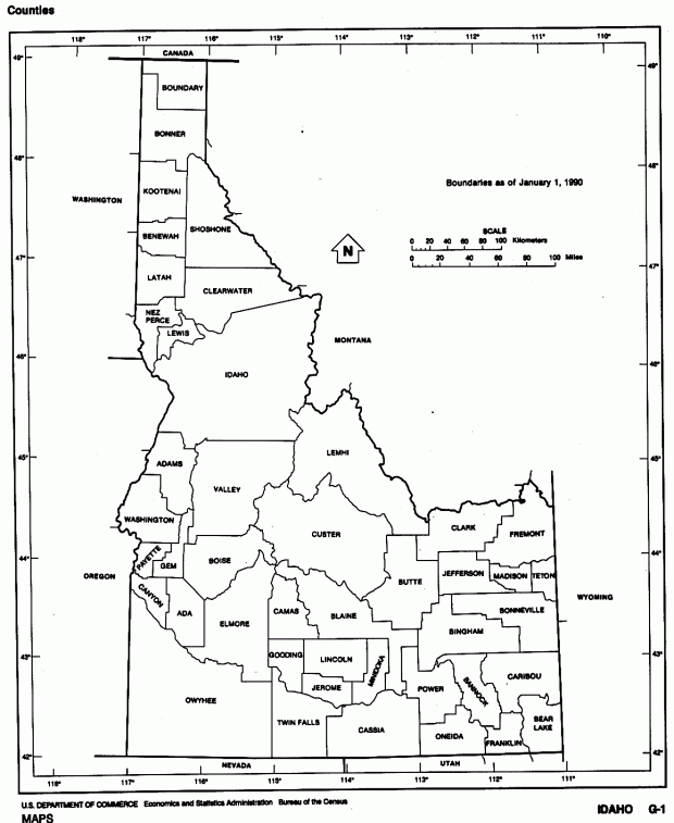 Mapa Blanco y Negro de Idaho, Estados Unidos