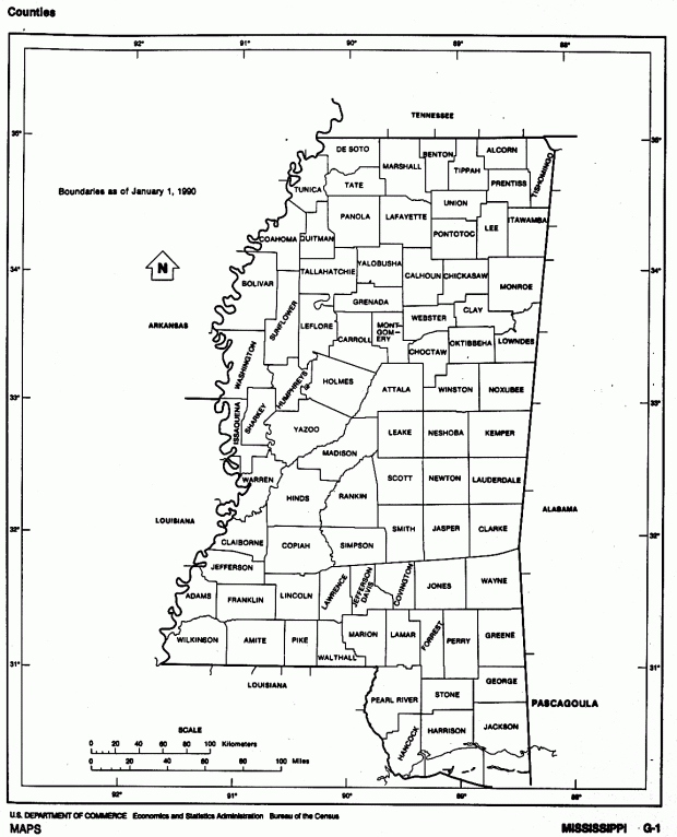 Mapa Blanco y Negro de Misisipi, Estados Unidos