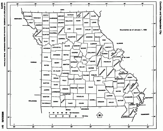 Mapa Blanco y Negro de Missouri, Estados Unidos