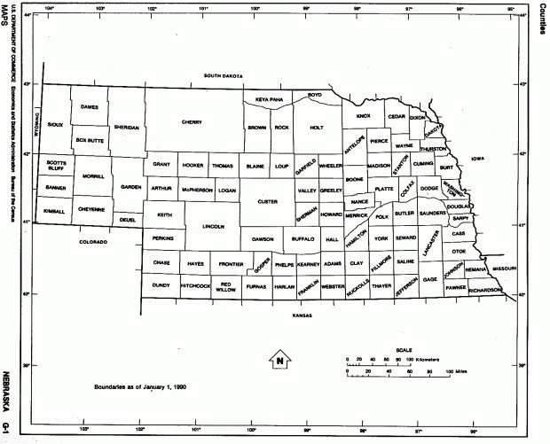 Mapa Blanco y Negro de Nebraska, Estados Unidos