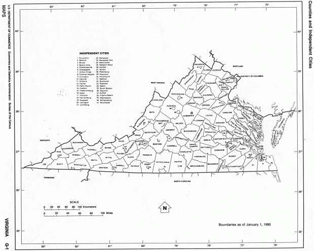 Mapa Blanco y Negro de Virginia, Estados Unidos