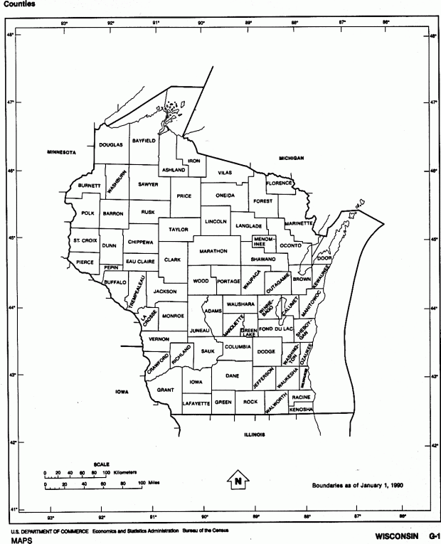 Mapa Blanco y Negro de Wisconsin, Estados Unidos