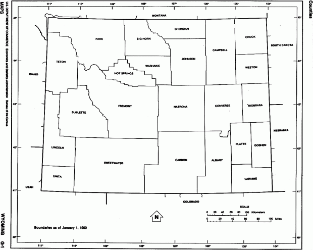 Mapa Blanco y Negro de Wyoming, Estados Unidos