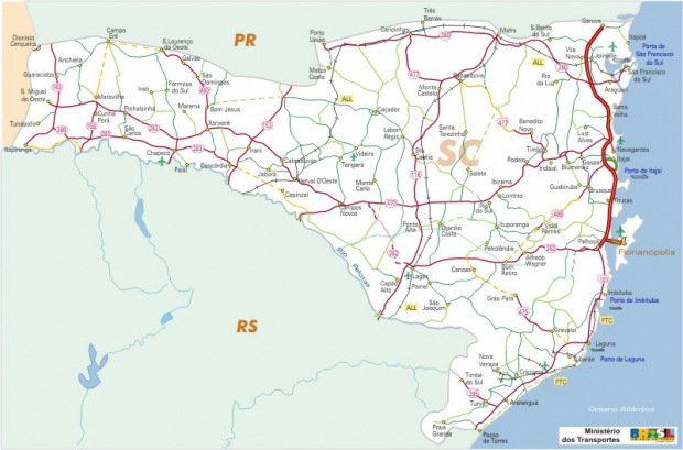 Mapa Carreteras Federales, Edo. de Santa Catarina State, Brasil