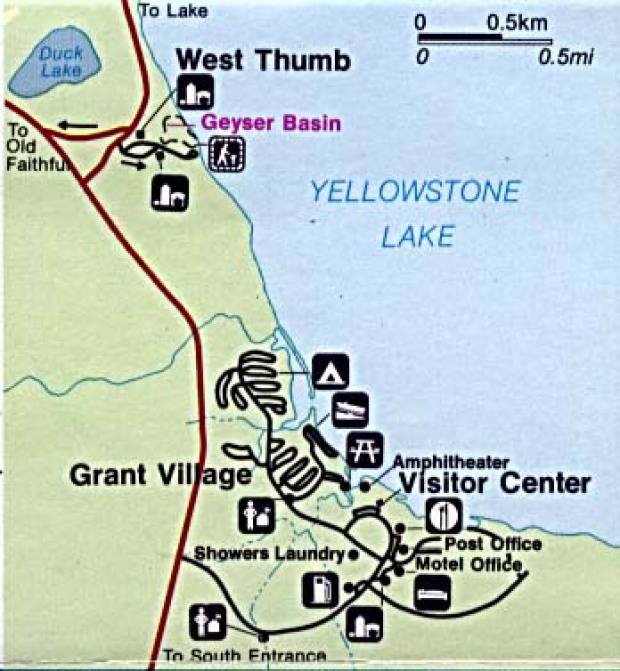 Mapa Detallado de West Thumb y Grant Village, Parque Nacional Yellowstone, Wyoming, Montana, Idaho, Estados Unidos